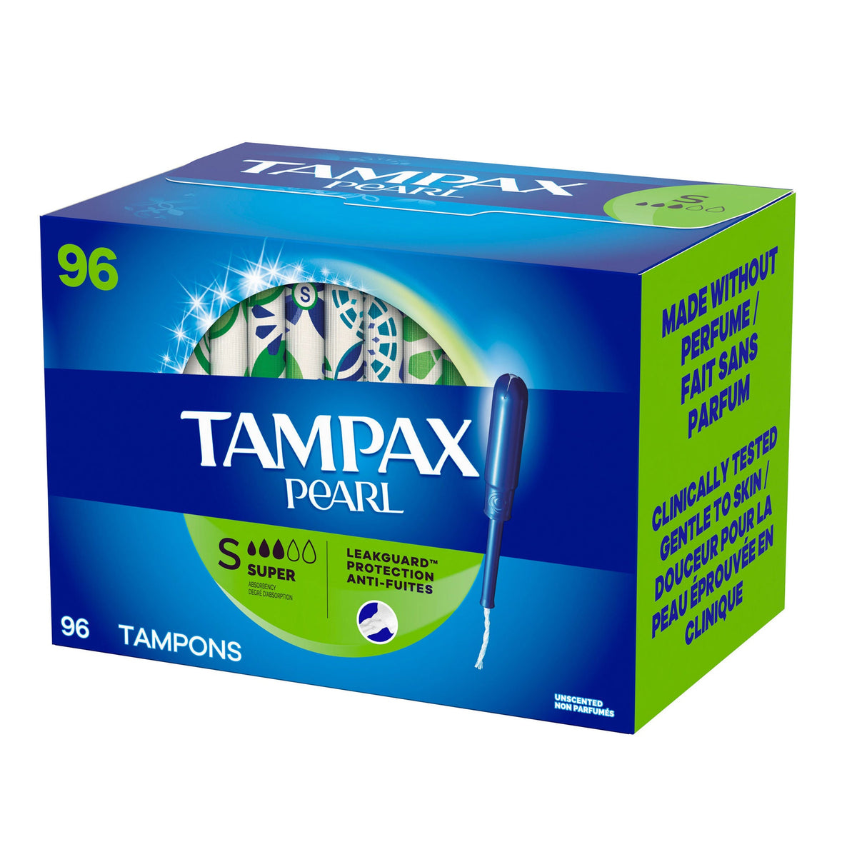 Tampax Pearl Super tampons package details