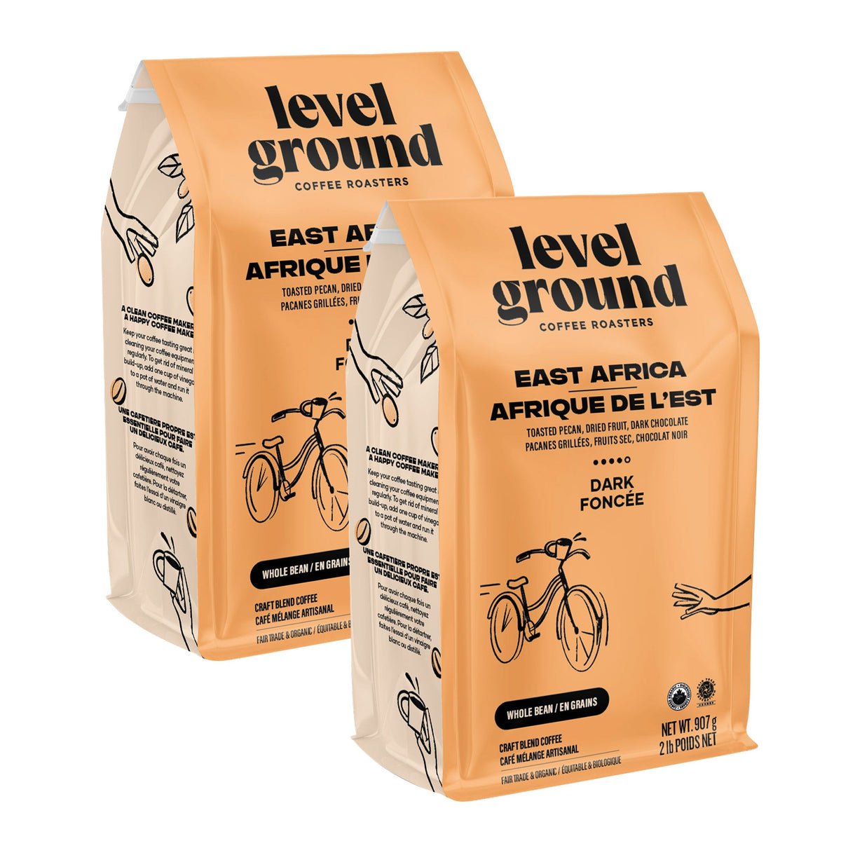 Level Ground East Africa dark roast organic whole bean coffee, two 907 g bags