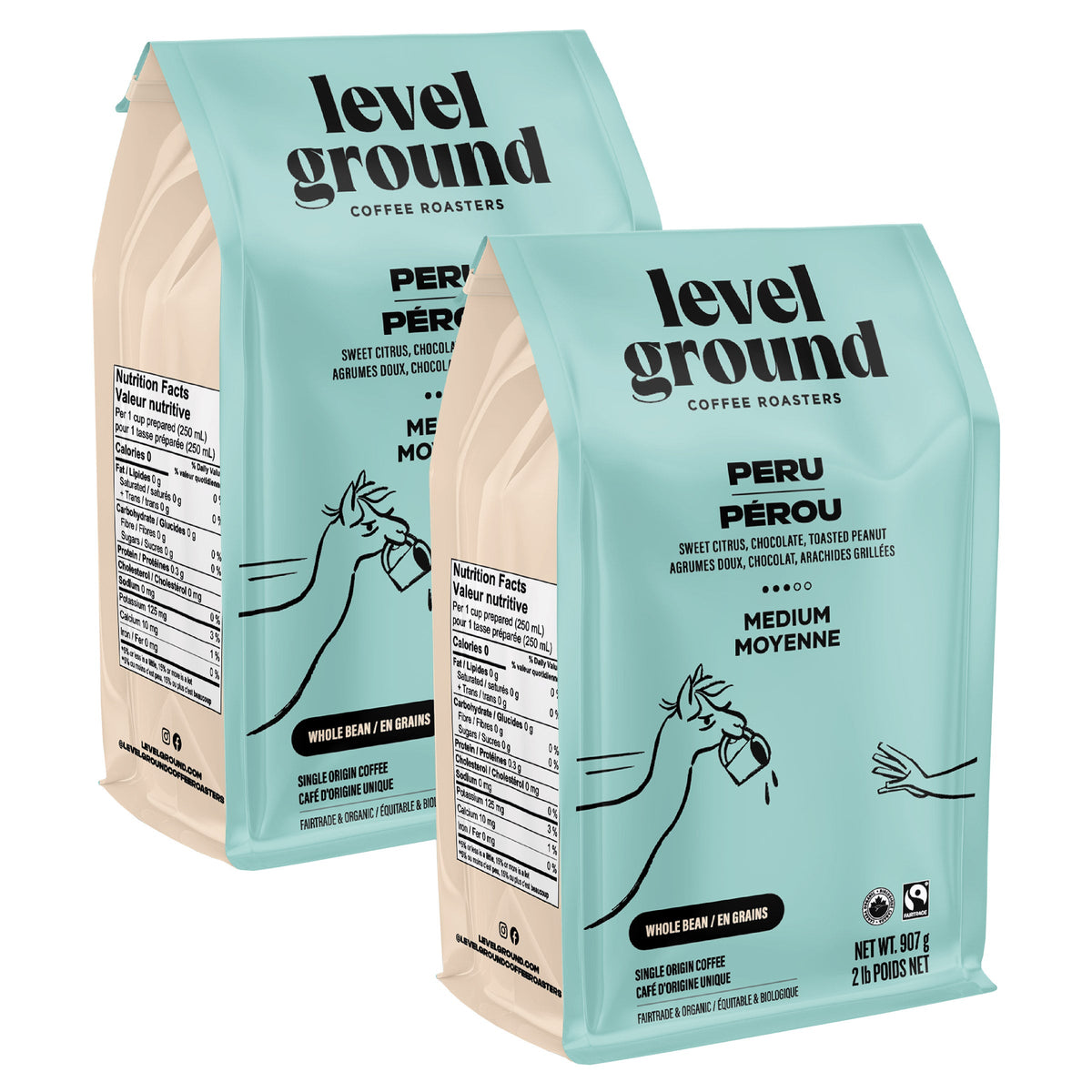 Level Ground Peru medium roast organic whole bean coffee, two 907 g bags