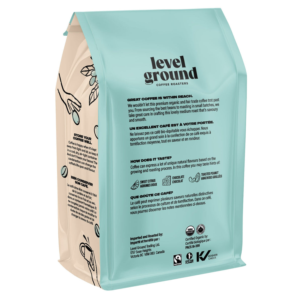 Back of Level Ground Peru medium roast coffee bag