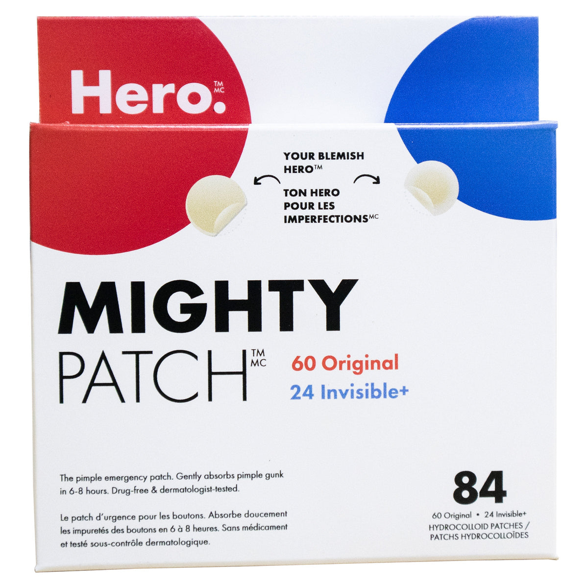 Hero Cosmetics Mighty Patch Original and Invisible+ hydrocolloid acne patches, 84-count box