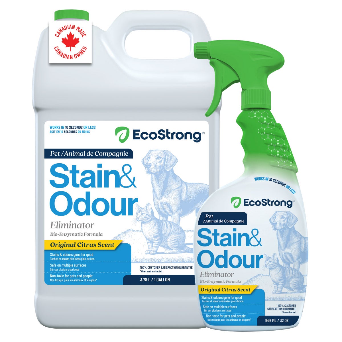 EcoStrong Pet Stain and Odour Eliminator 1 gallon refill and 32 oz spray bottle