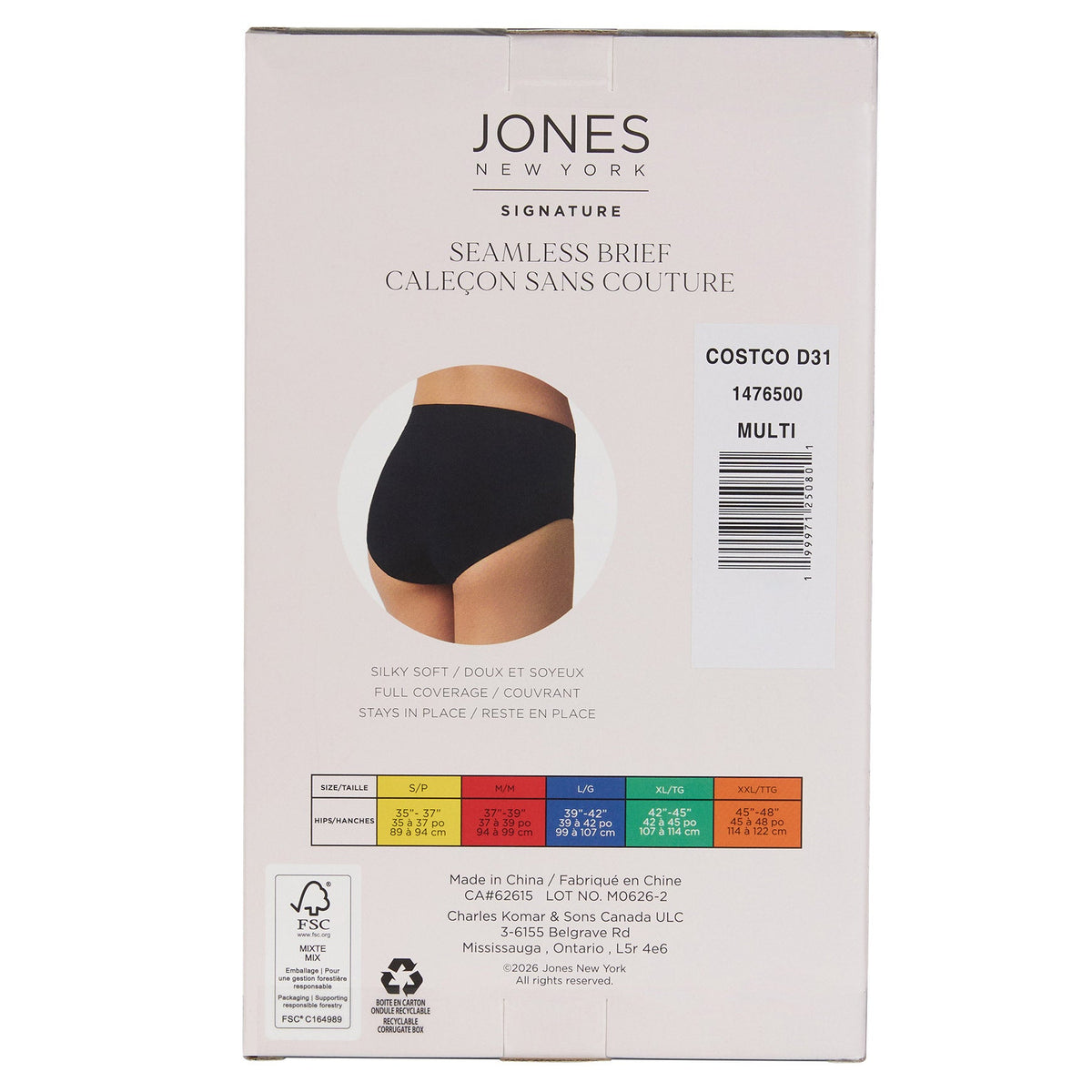 Jones New York seamless brief size chart