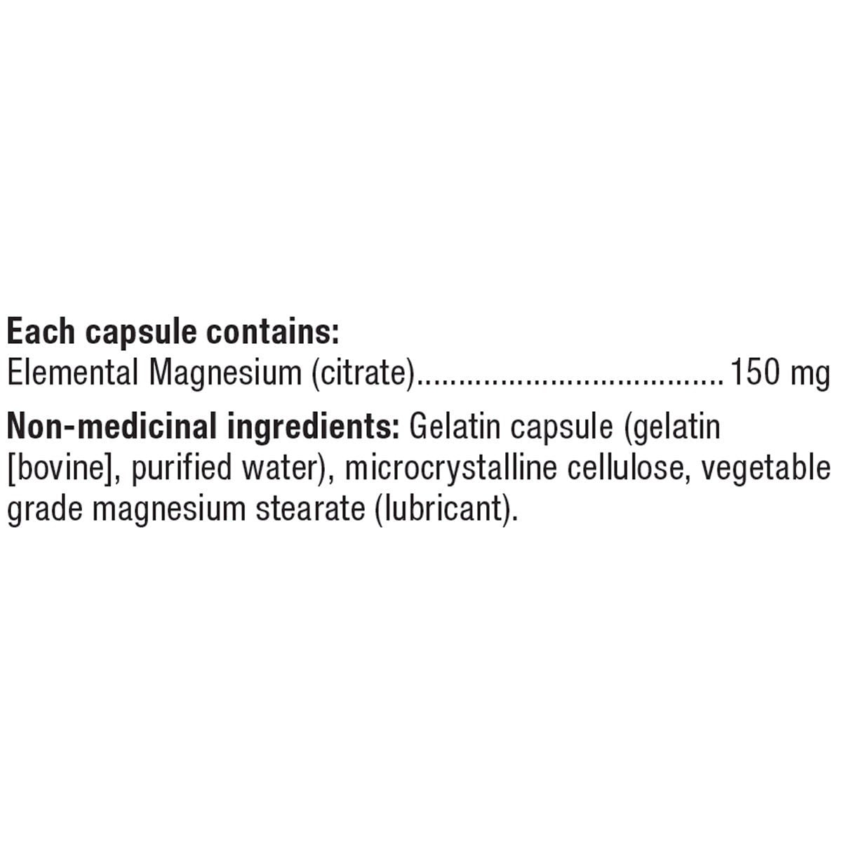 Webber Naturals Magnesium Citrate 150 mg supplement facts label