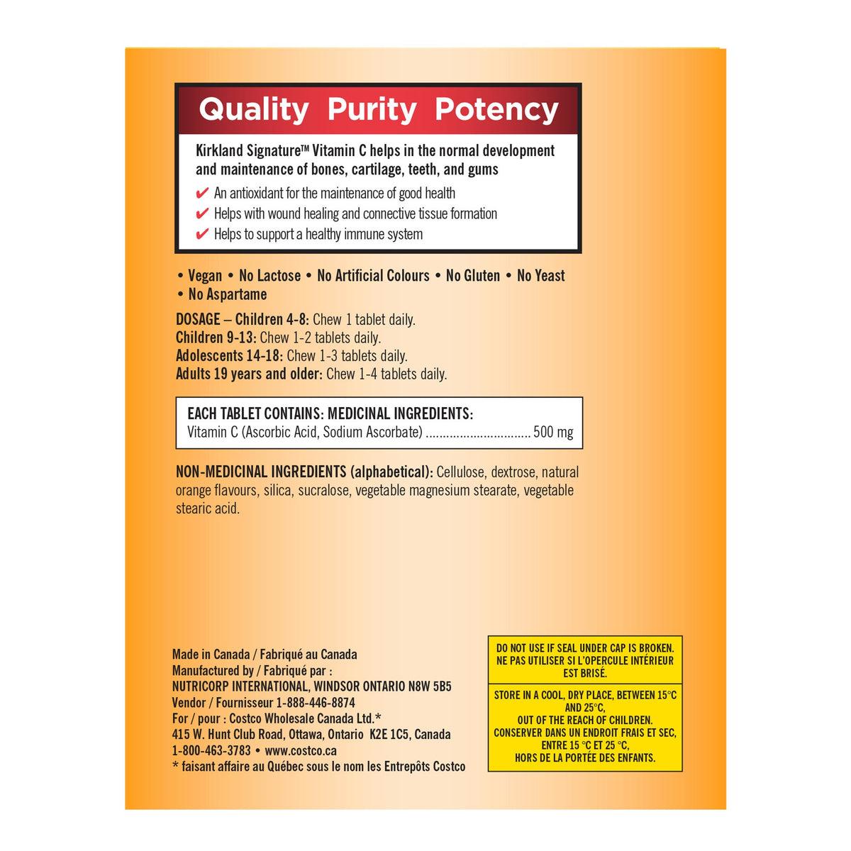 Kirkland Signature Vitamin C 500 mg supplement facts label